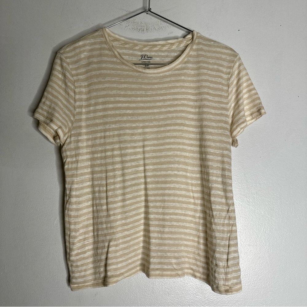 J Crew Xs Tan White Stripe Short Sleeve Linen Tee CP